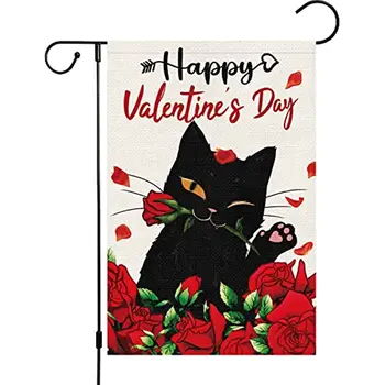 Srečno valentinovo Vrt Zastava Črna Mačka in Rose Cvetlični Vzorec Dvojno Stranicami Dvorišče Zastavo 12x18 Palčni Vrt Banner za Hišo